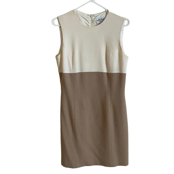 Vintage 90s / Y2K two tone camel beige ‎ and cream sheath dress 6 - Picture 1 of 6